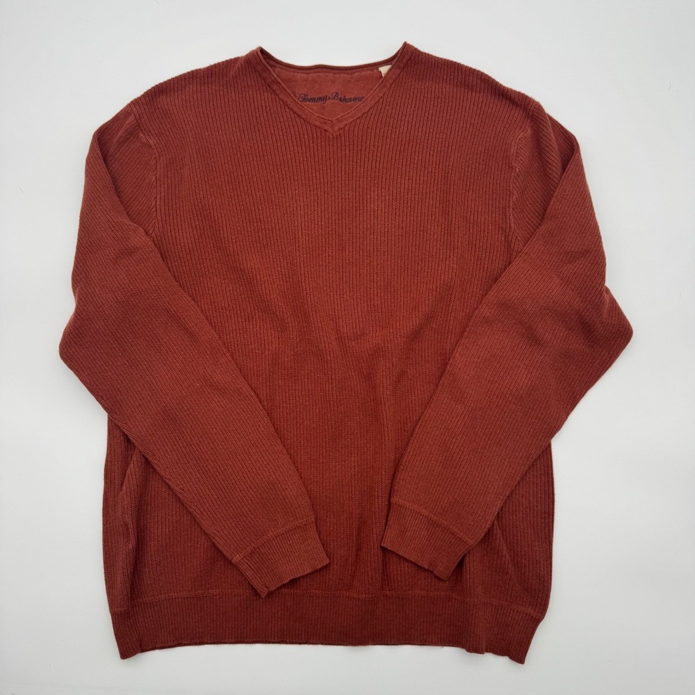 Tommy Bahama Mens Large Rust Orange Ribbed V-Neck 100% Cotton Pullover Sweater